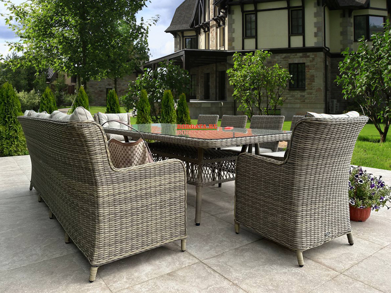Столовый комплект 250*110 PROVENCE/LAGUNE CLASSIC nature на 10 персон с диваном 4-х (250) для барбекю или беседки загородного дома