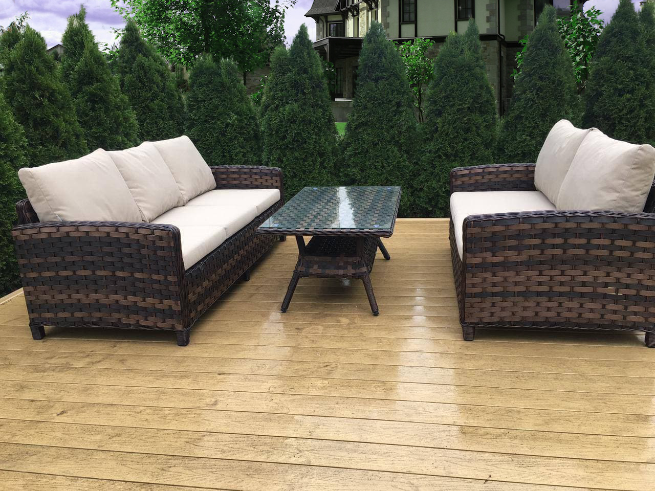 Лаунж зона из пары диванов 3-х (200) и 2-х ARIA brown с кофейным столиком с подстольем ARIA для патио или террасы загородного дома