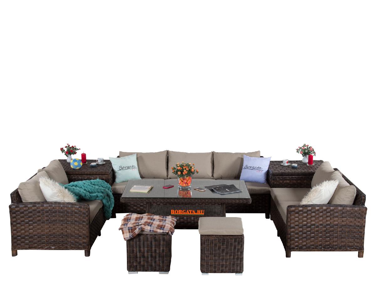 Угловой П-образный диван ARIA brown с кофейно-обеденным столом и пуфами