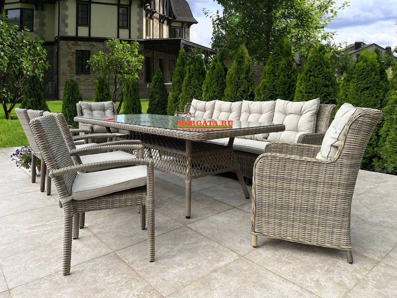 Столовый комплект 250*110 PROVENCE/LAGUNE CLASSIC nature на 10 персон с диваном 4-х (250) для барбекю или беседки загородного дома