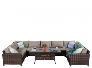 П-образный угловой диван ARIA brown с кофейно-обеденным столом 150