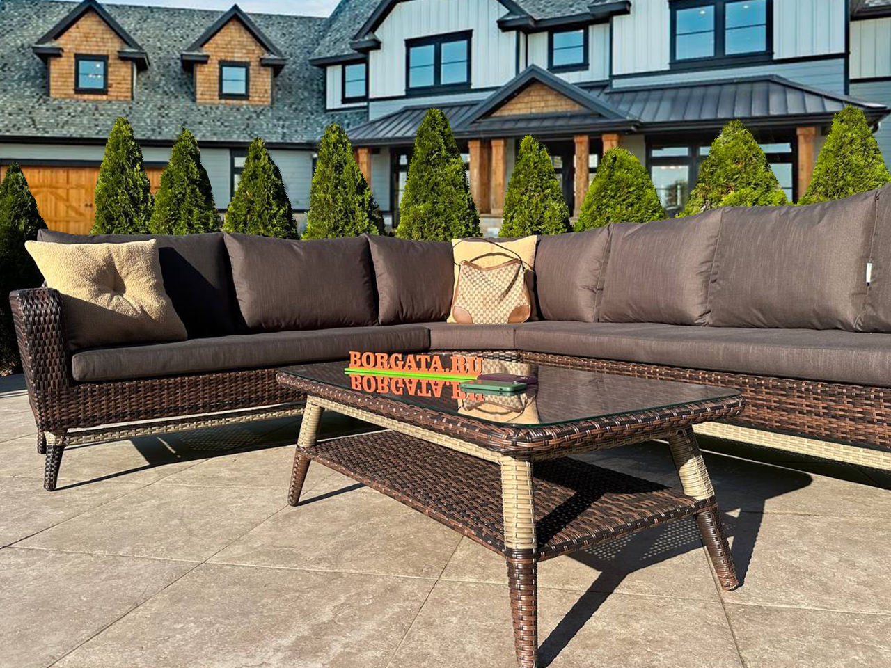 Угловая модульная лаунж зона с диваном 270*300 BABYLON LUX brown/nature с креслом и кофейным столиком для беседки или террасы загородного дома