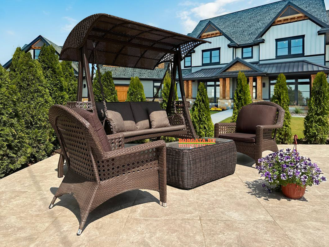Лаунж зона с качелями 2-х и креслами для отдыха VICTORIA brown для сада или патио в загородном особняке