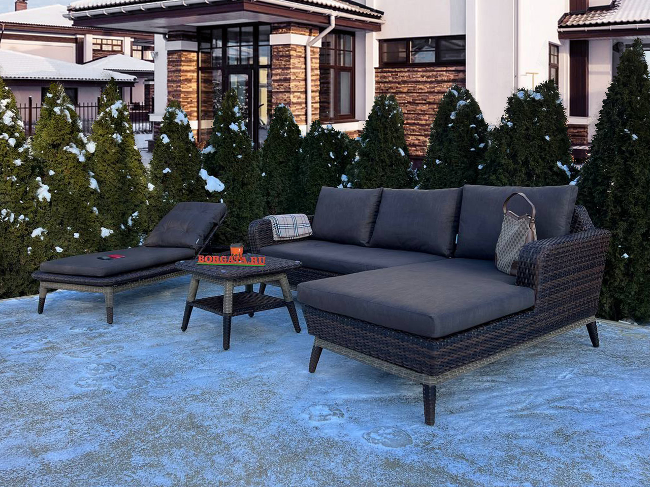 Лаунж зона BABYLON LUX brown/nature с лежаком и диваном с оттоманкой для террасы или патио загородного дома