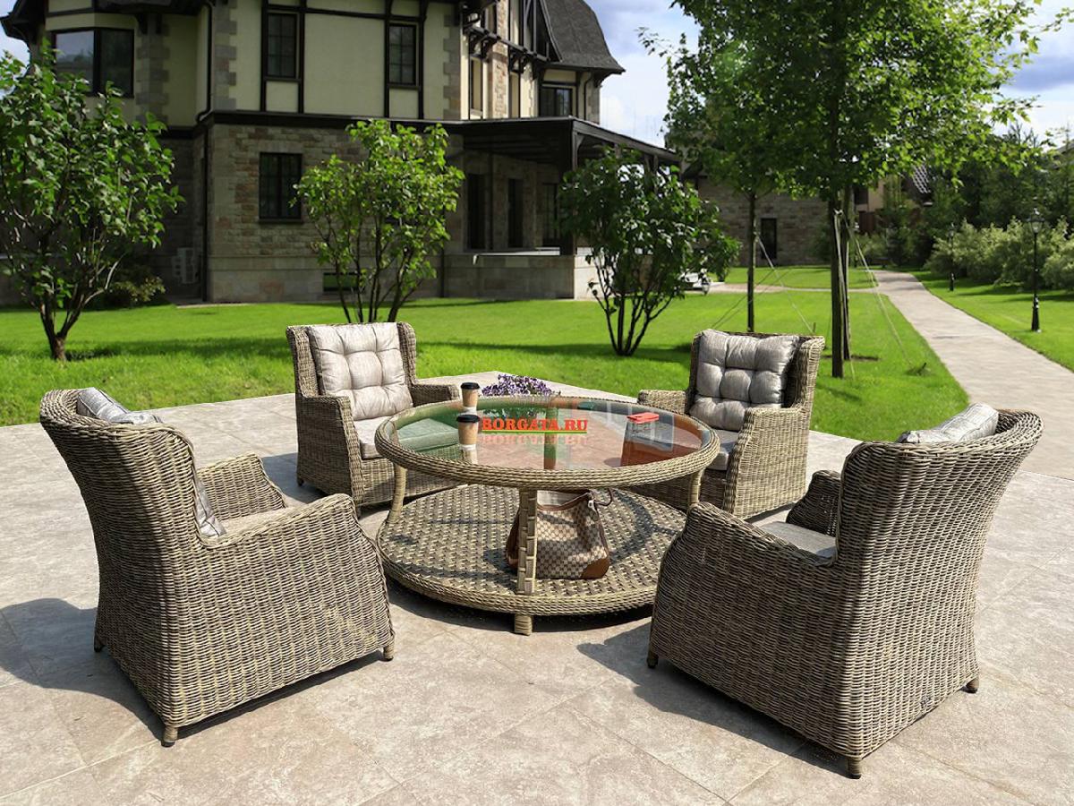 Лаунж зона из четырех кресел для отдыха BEST nature с кофейным столиком D150 ARIA для беседки или террасы в загородном коттедже