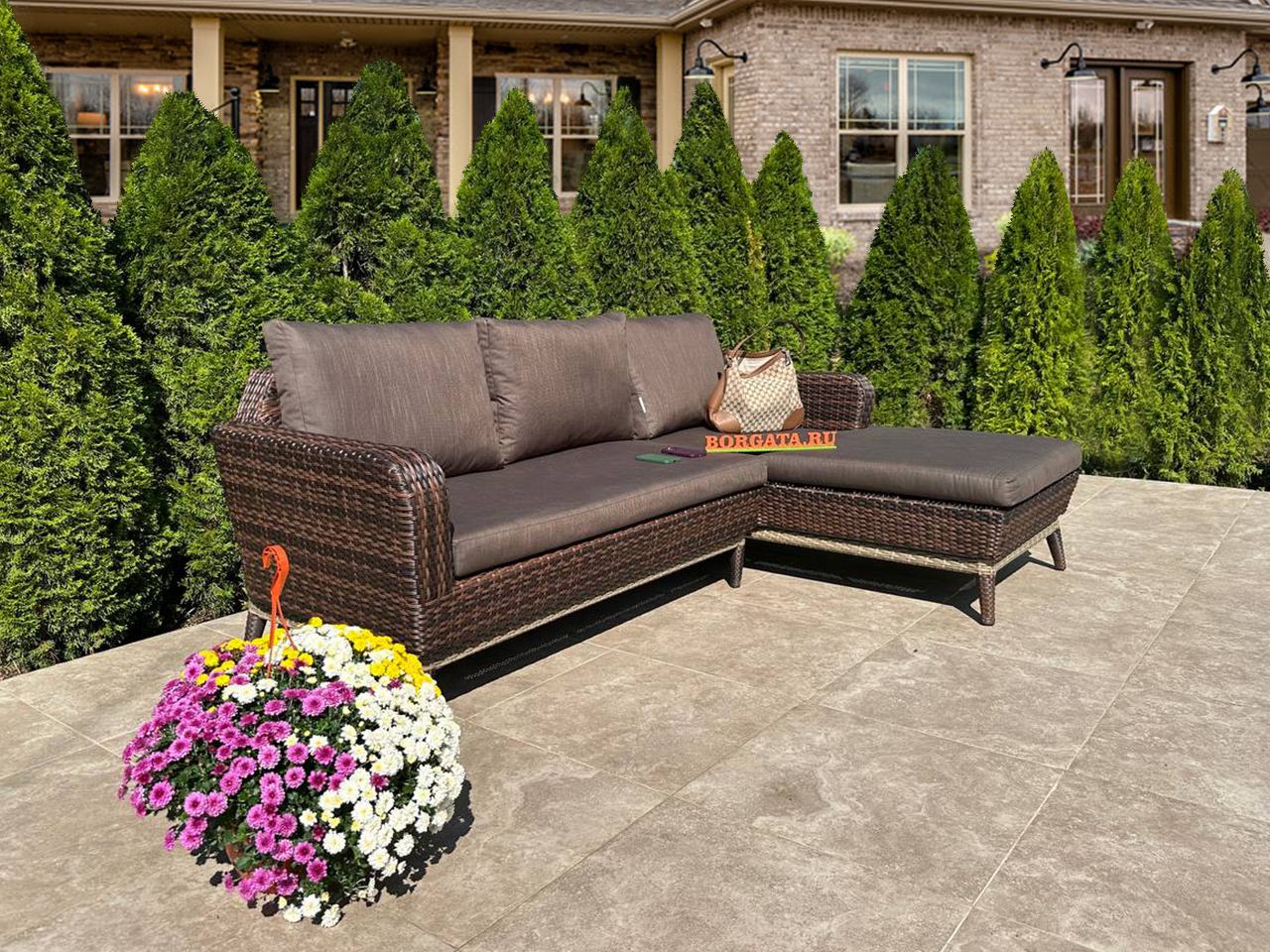 Угловой диван с оттоманкой 250*90*80 BABYLON LUX brown/nature для обустройства лаунж зоны в патио или на террасе