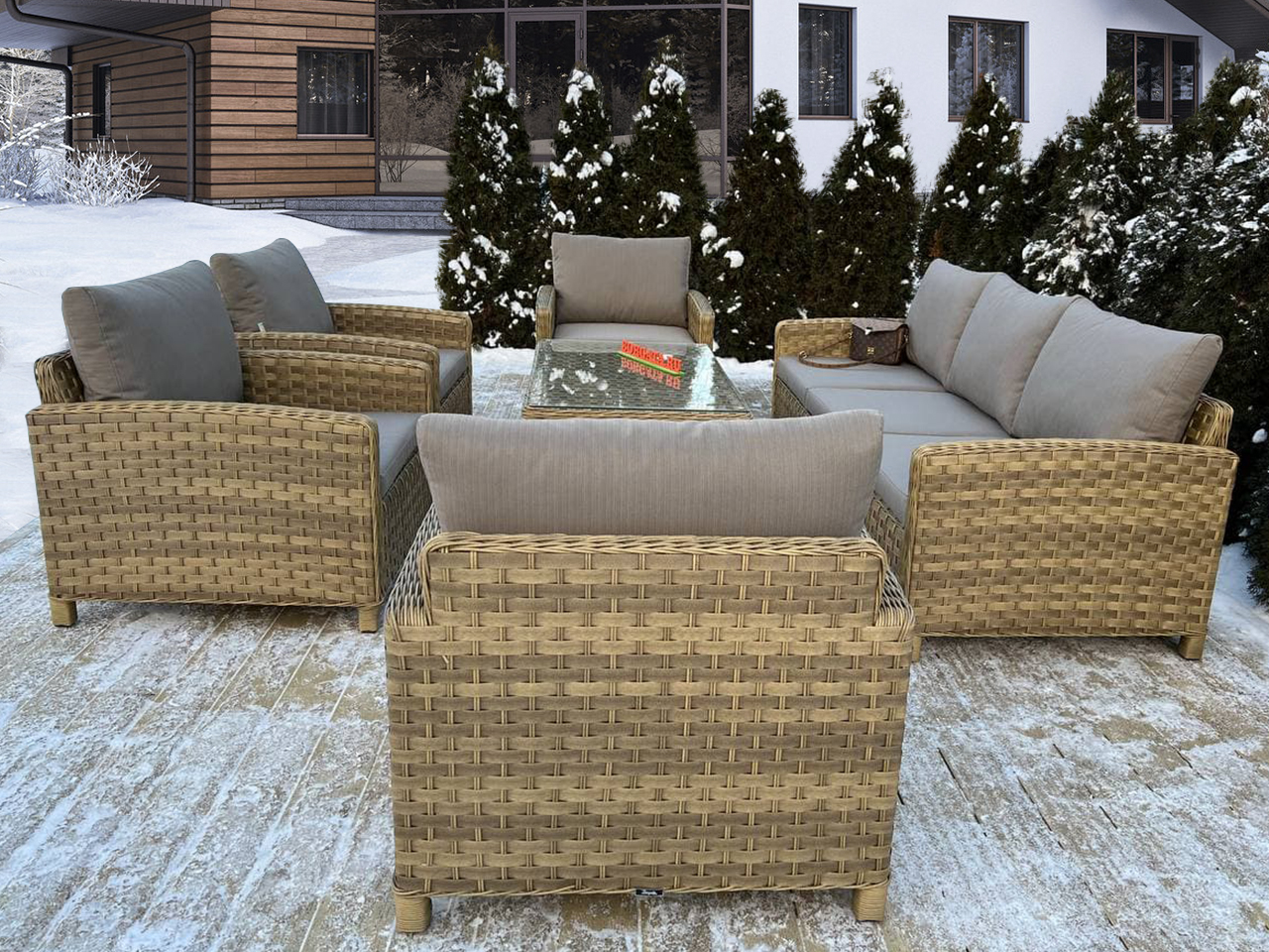 Лаунж зона с диваном 3-х (234) и четырьмя креслами ARIA nature для террасы или патио в загородном доме