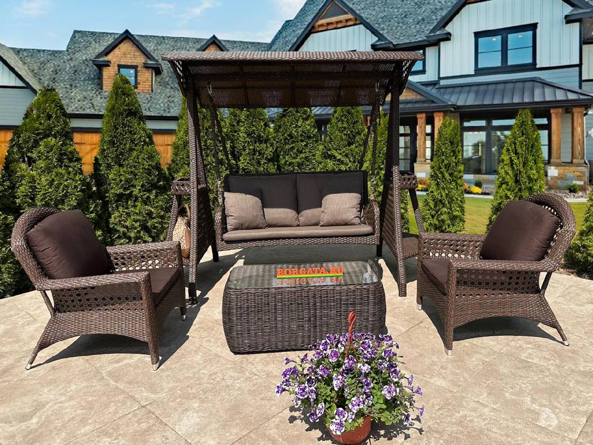 Лаунж зона с качелями 2-х и креслами для отдыха VICTORIA brown для сада или патио в загородном особняке
