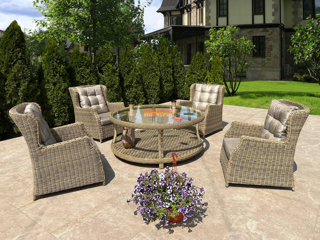 Лаунж зона из четырех кресел для отдыха BEST nature с кофейным столиком D150 ARIA для беседки или террасы в загородном коттедже