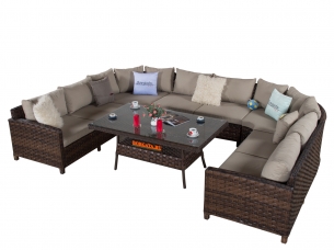 Угловой диван П-образный ARIA brown с кофейно-обеденным столом 150 из искусственного ротанга