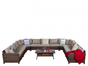 Угловой П-образный диван ARIA brown с кофейным столиком из искусственного ротанга