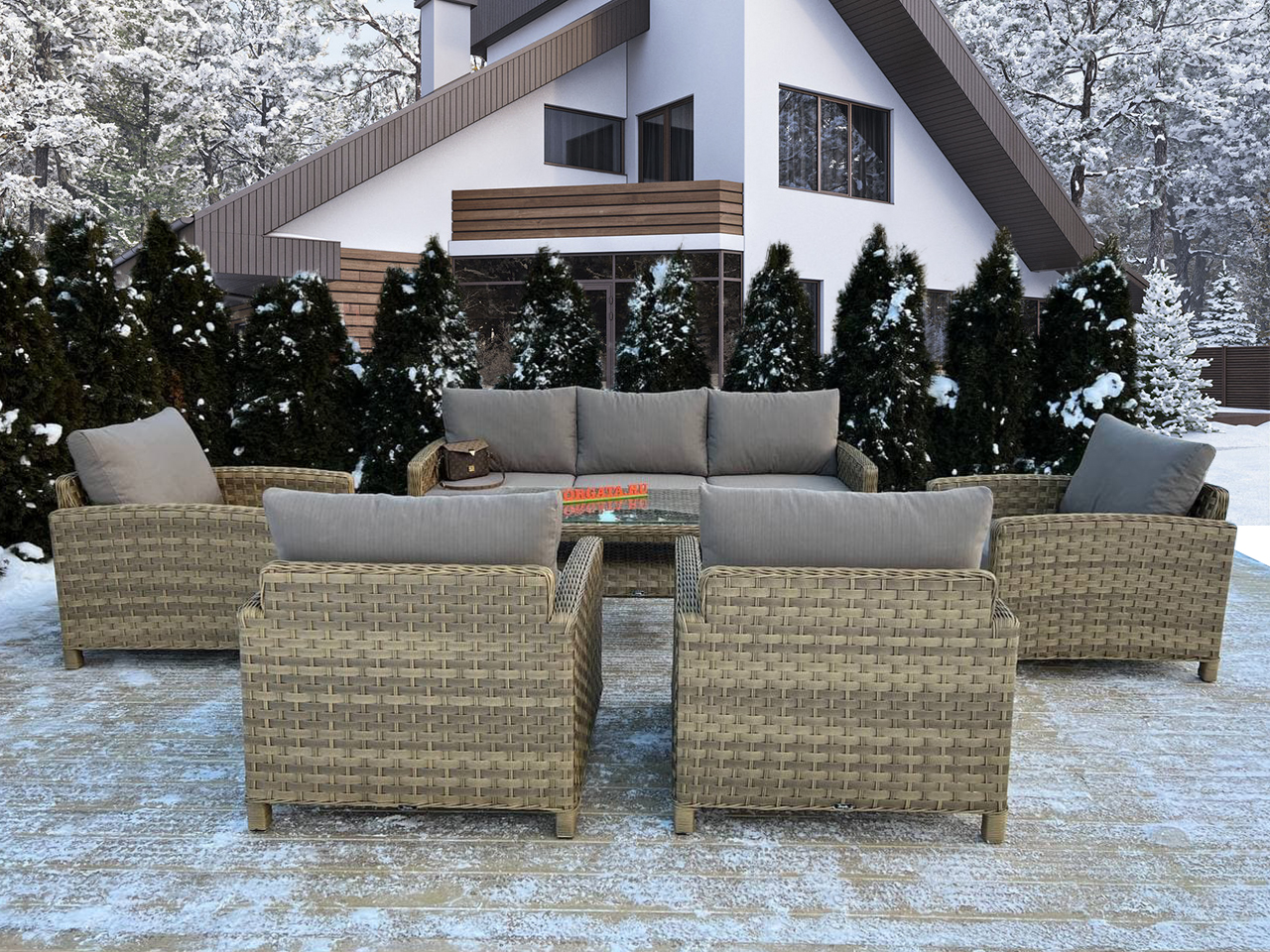 Лаунж зона с диваном 3-х (234) и четырьмя креслами ARIA nature для террасы или патио в загородном доме