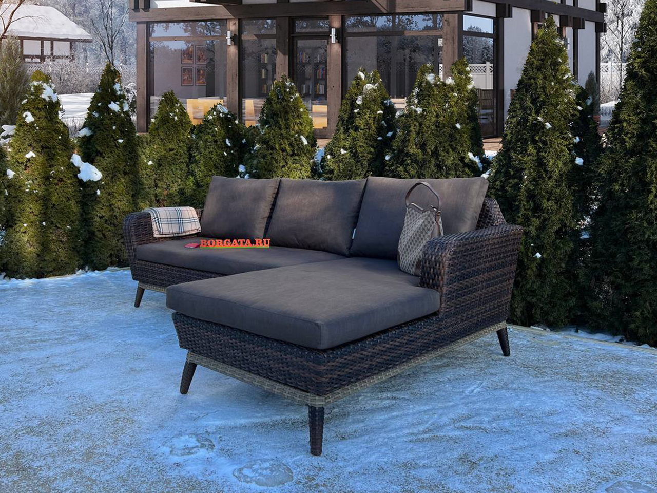 Угловой диван с оттоманкой 250*90*80 BABYLON LUX brown/nature для обустройства лаунж зоны в патио или на террасе