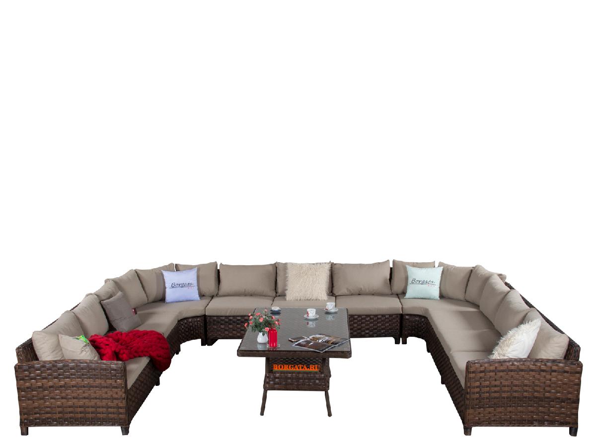 Угловой П-образный диван ARIA brown с кофейно-обеденным столом 150 из искусственного ротанга